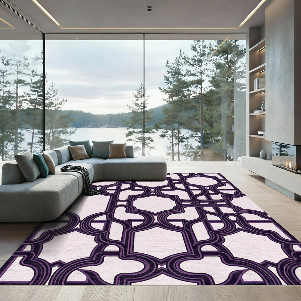 Dark Purple Interlocking Geometric Lattice Rug