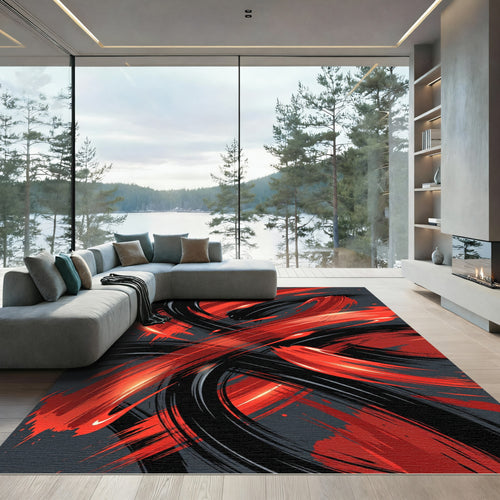 Abstract Crimson and Charcoal Swirl Rug
