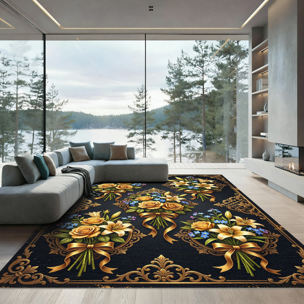 Ornate Golden Rose Lily Floral Bouquet Rug