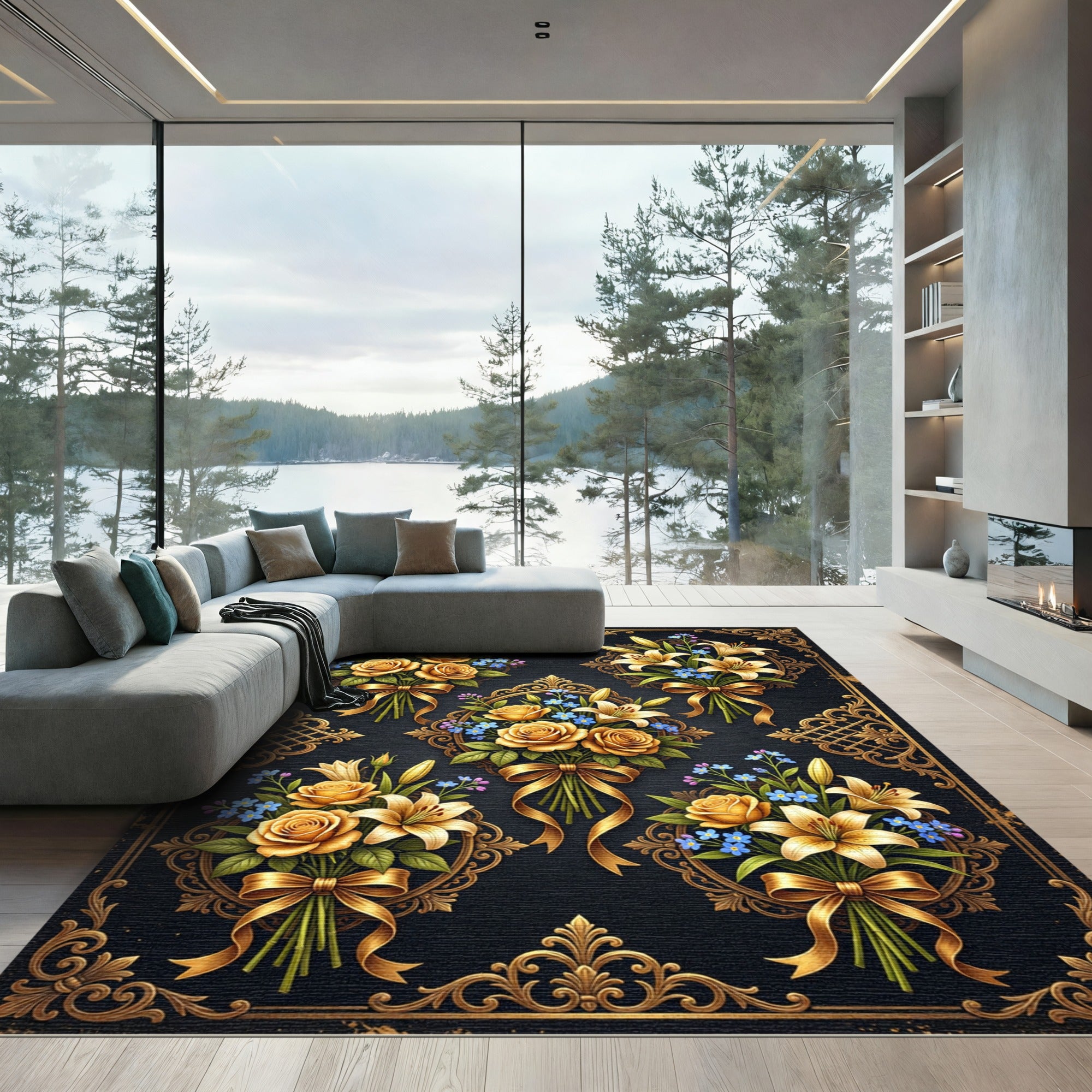 Ornate Golden Rose Lily Floral Bouquet Rug
