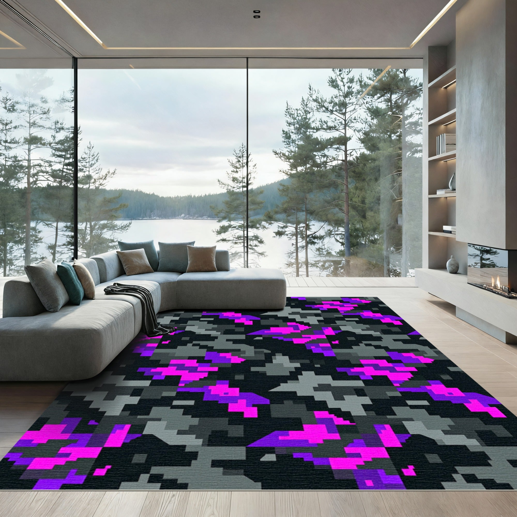 Neon Purple and Charcoal Pixel Camo Rug