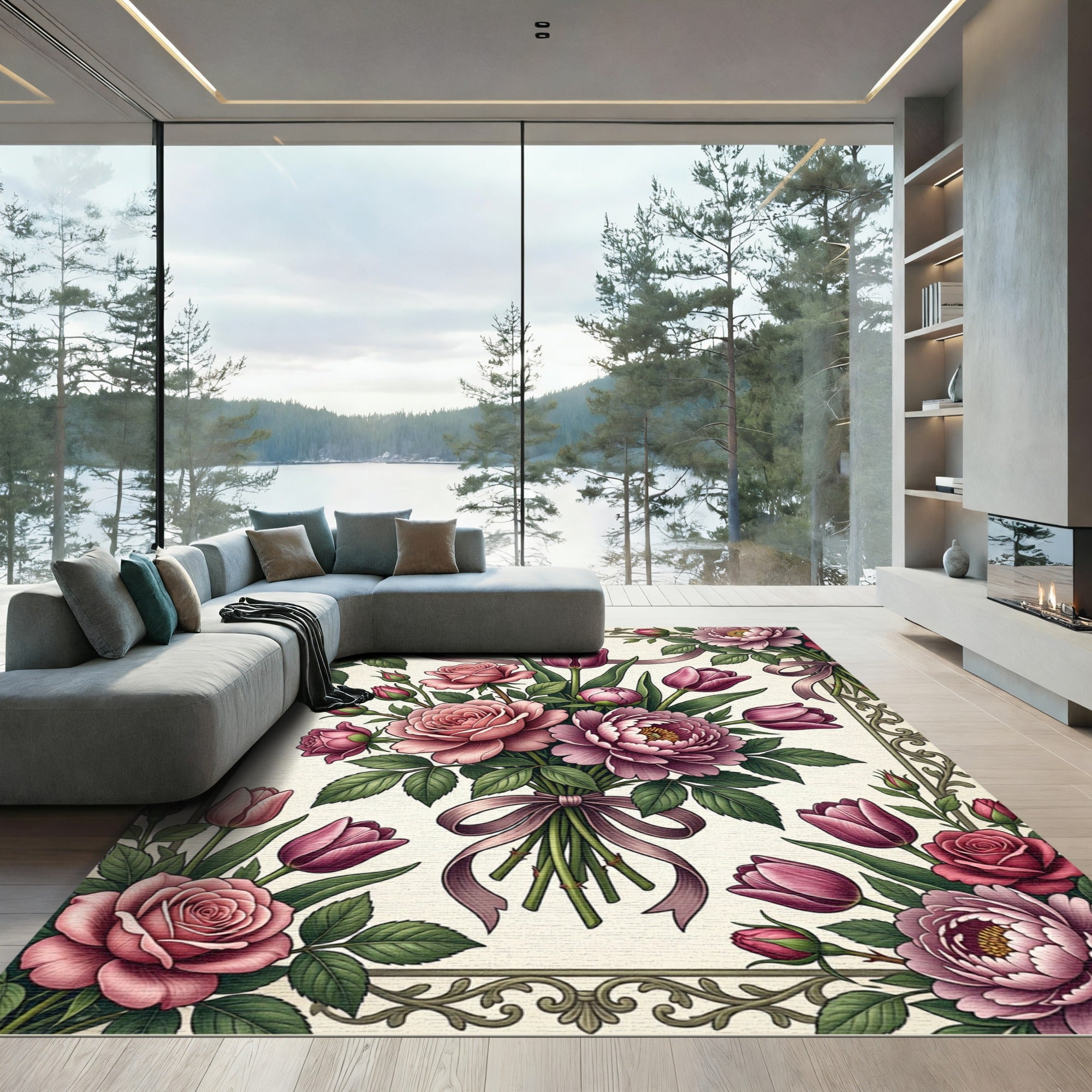Romantic Blush Pink Rose Bouquet Rug