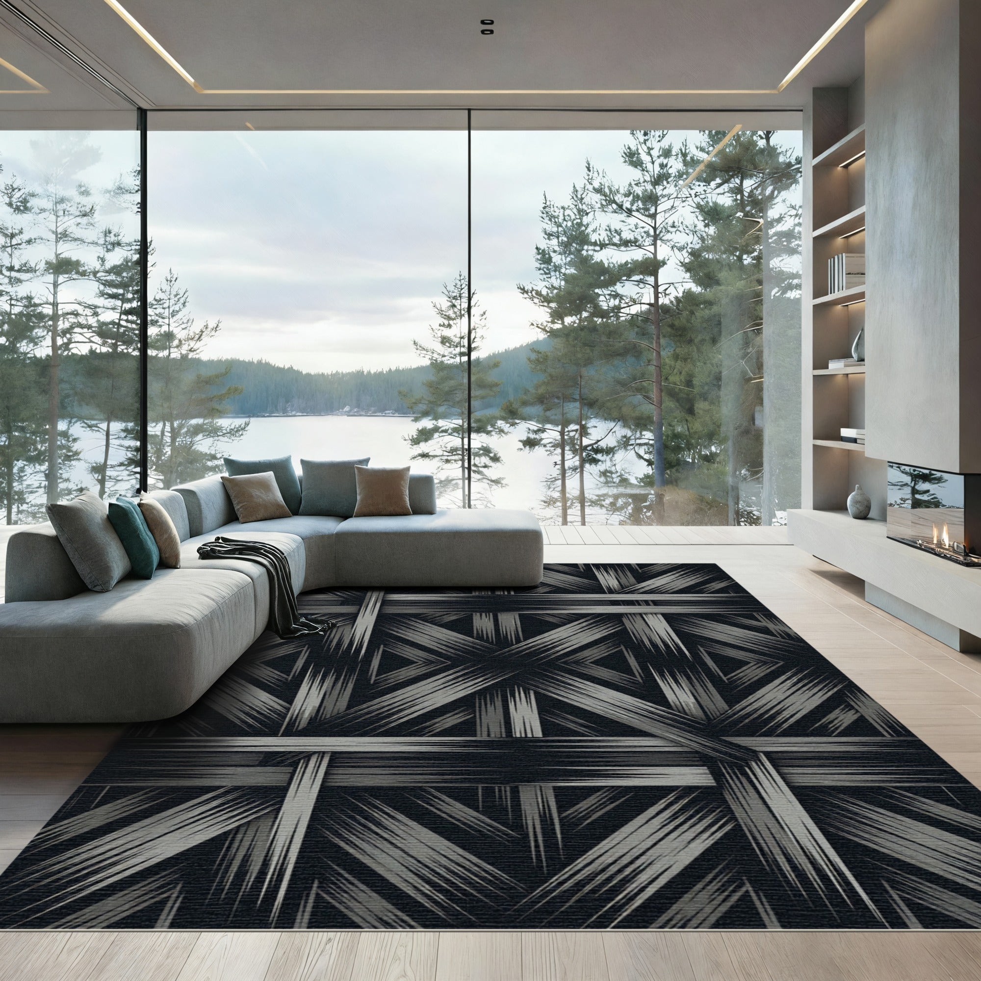 Monochrome Interwoven Diamond Geometric Rug