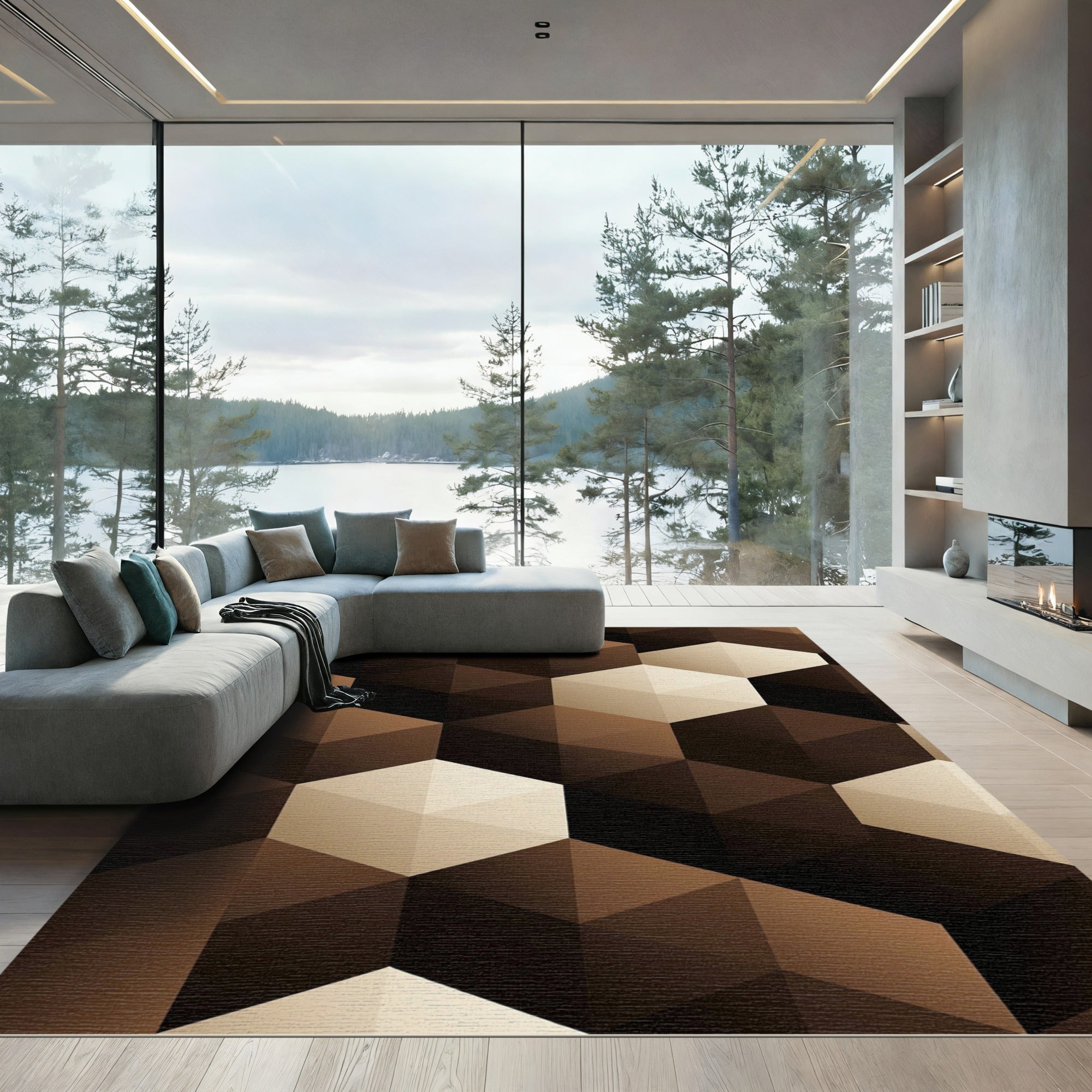 Brown Geometric Hexagon Illusion Rug