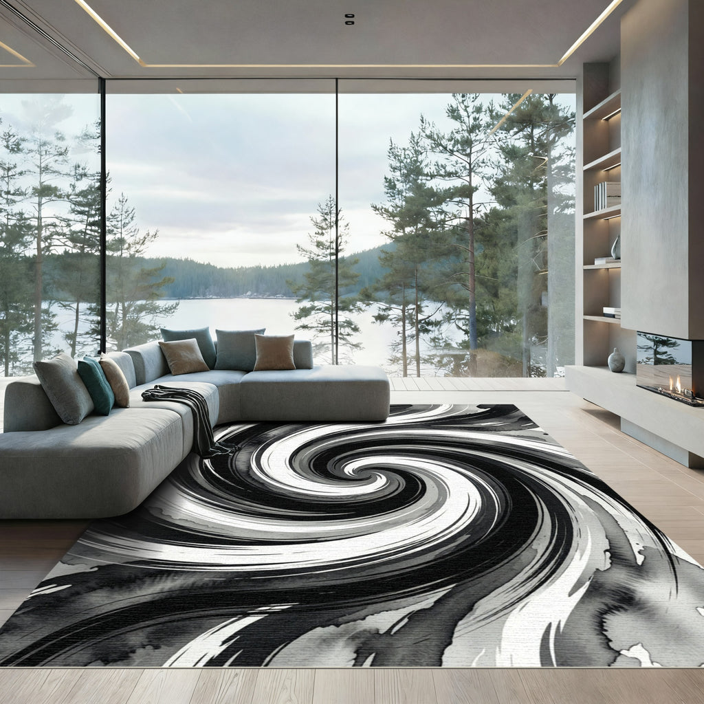 Monochromatic Ink Swirl Abstract Rug