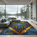 Geometric Deco Cross Gold Blue Grunge Rug