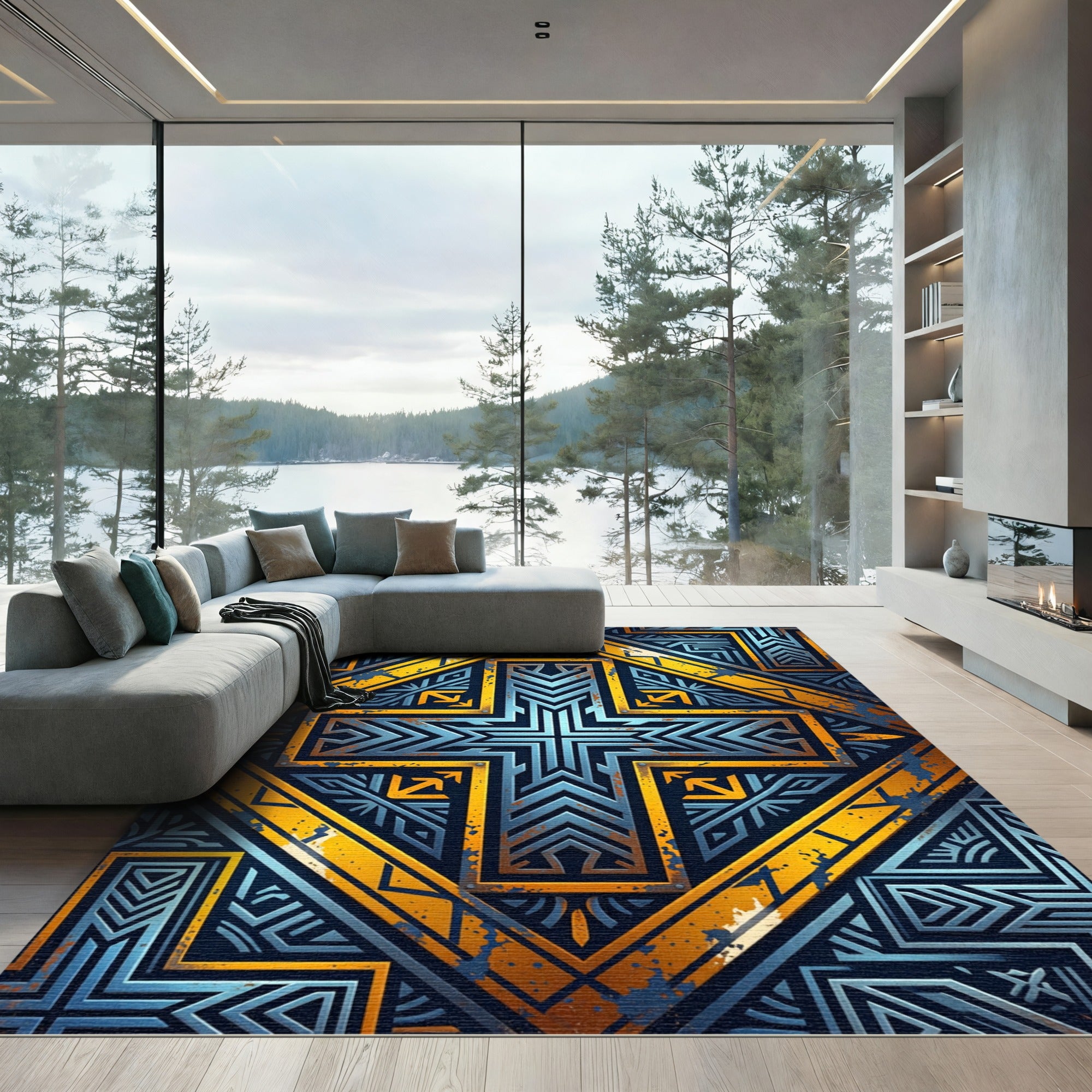 Geometric Deco Cross Gold Blue Grunge Rug