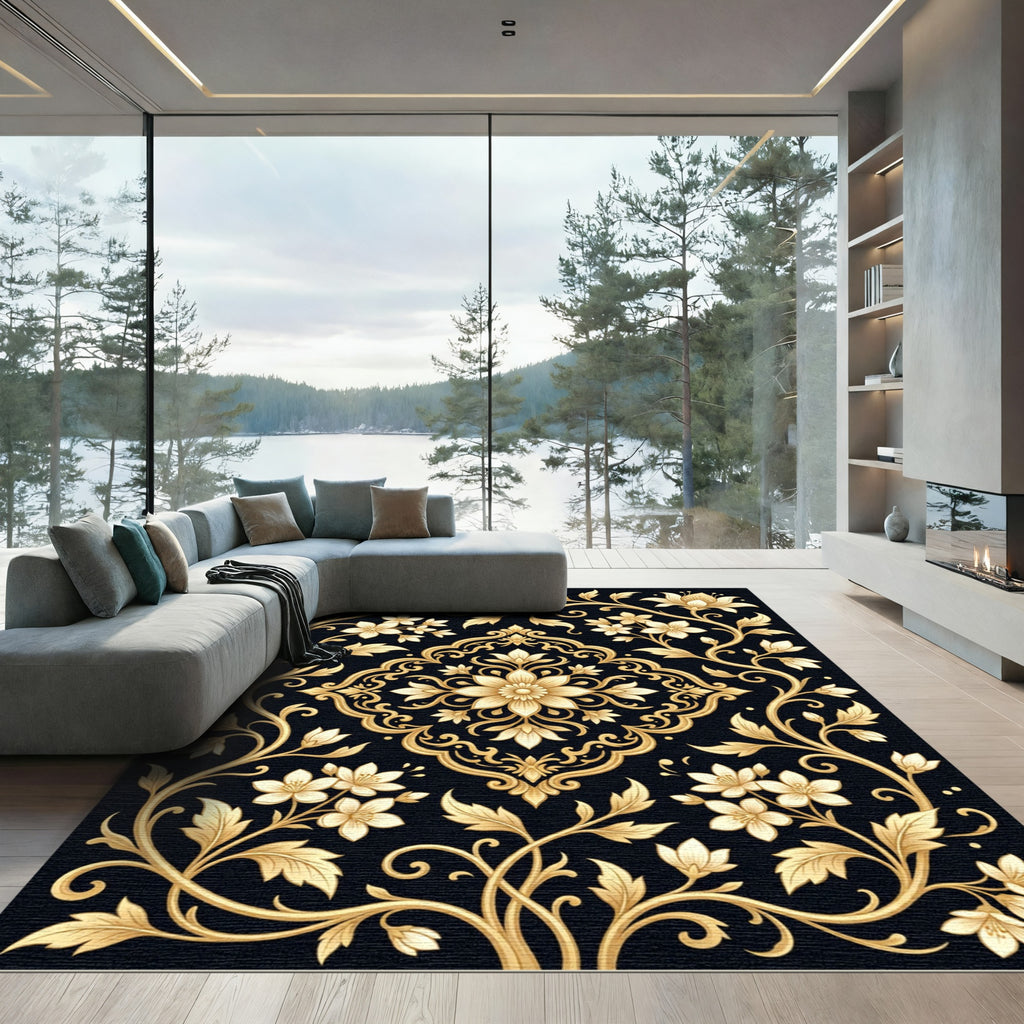 Golden Floral Scrollwork Black Rug