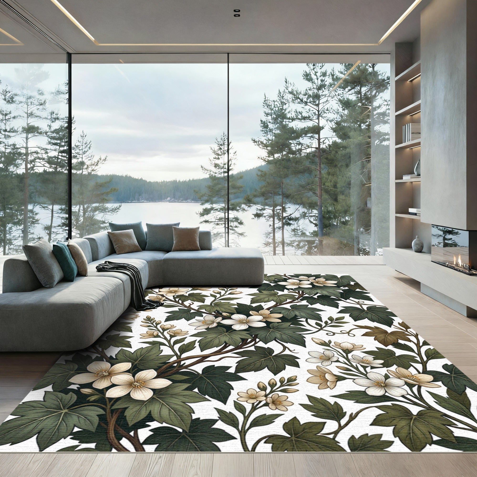 Elegant Sage and Cream Botanical Vine Rug