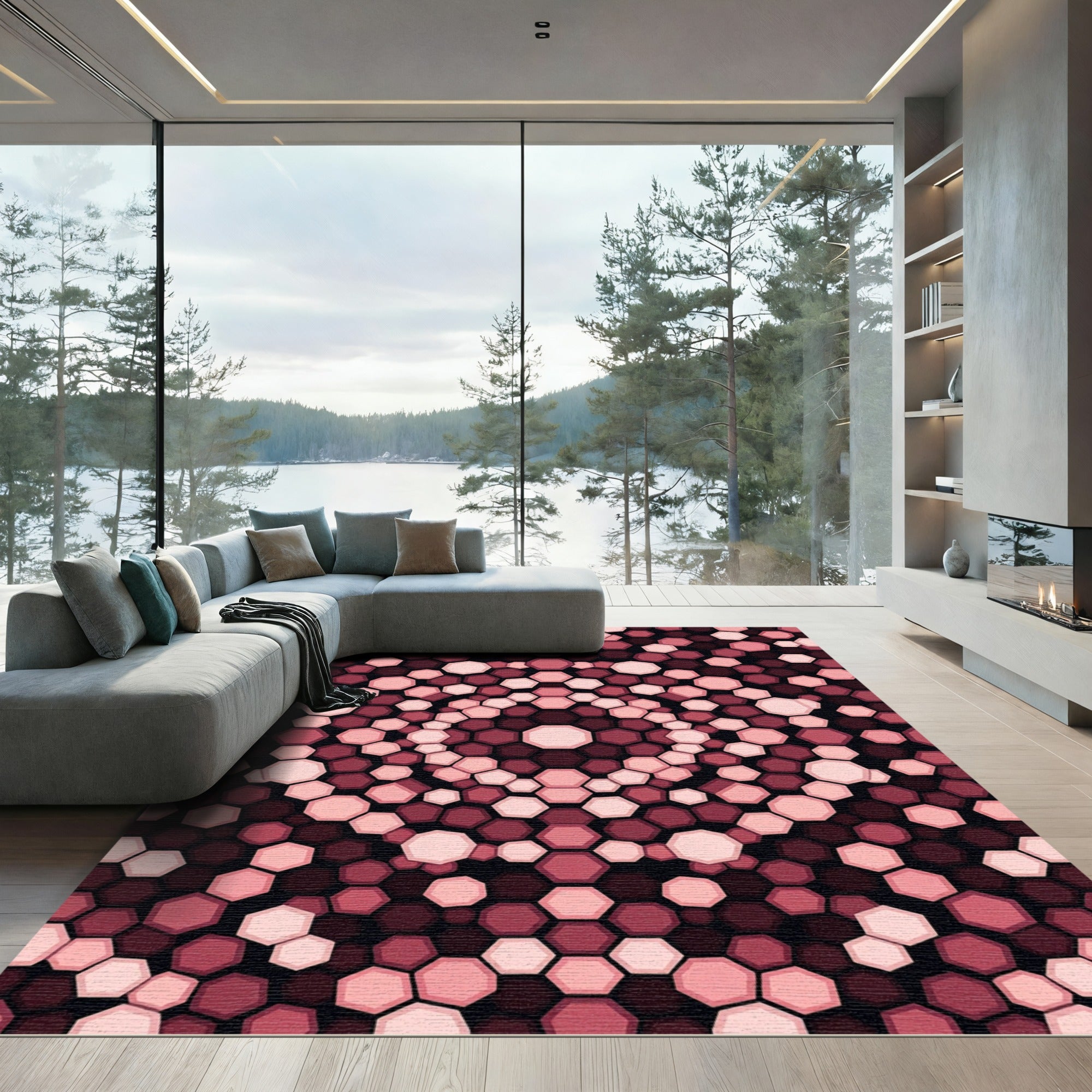 Crimson Pink Hexagonal Mandala Rug