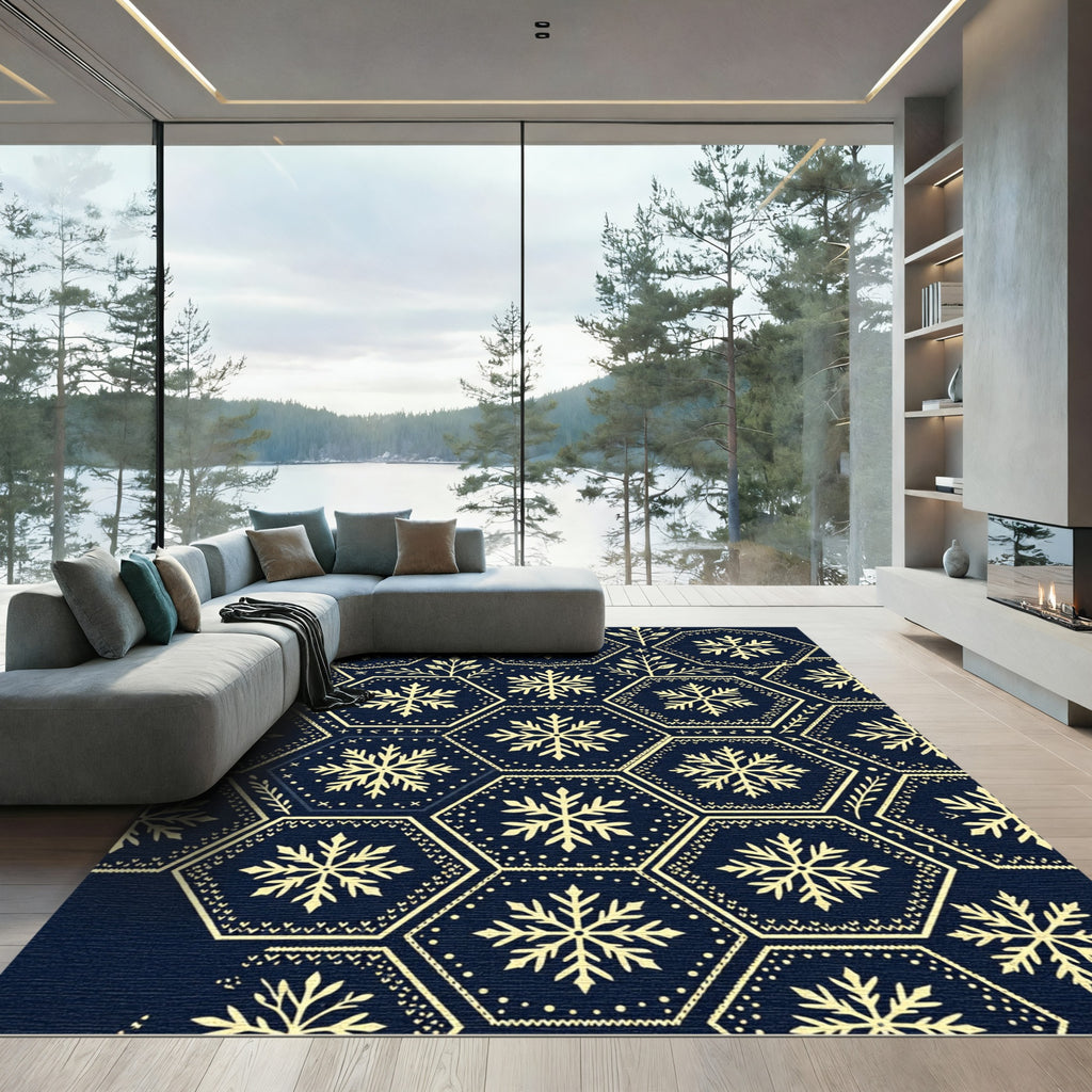 Navy Blue Geometric Snowflake Hexagon Rug