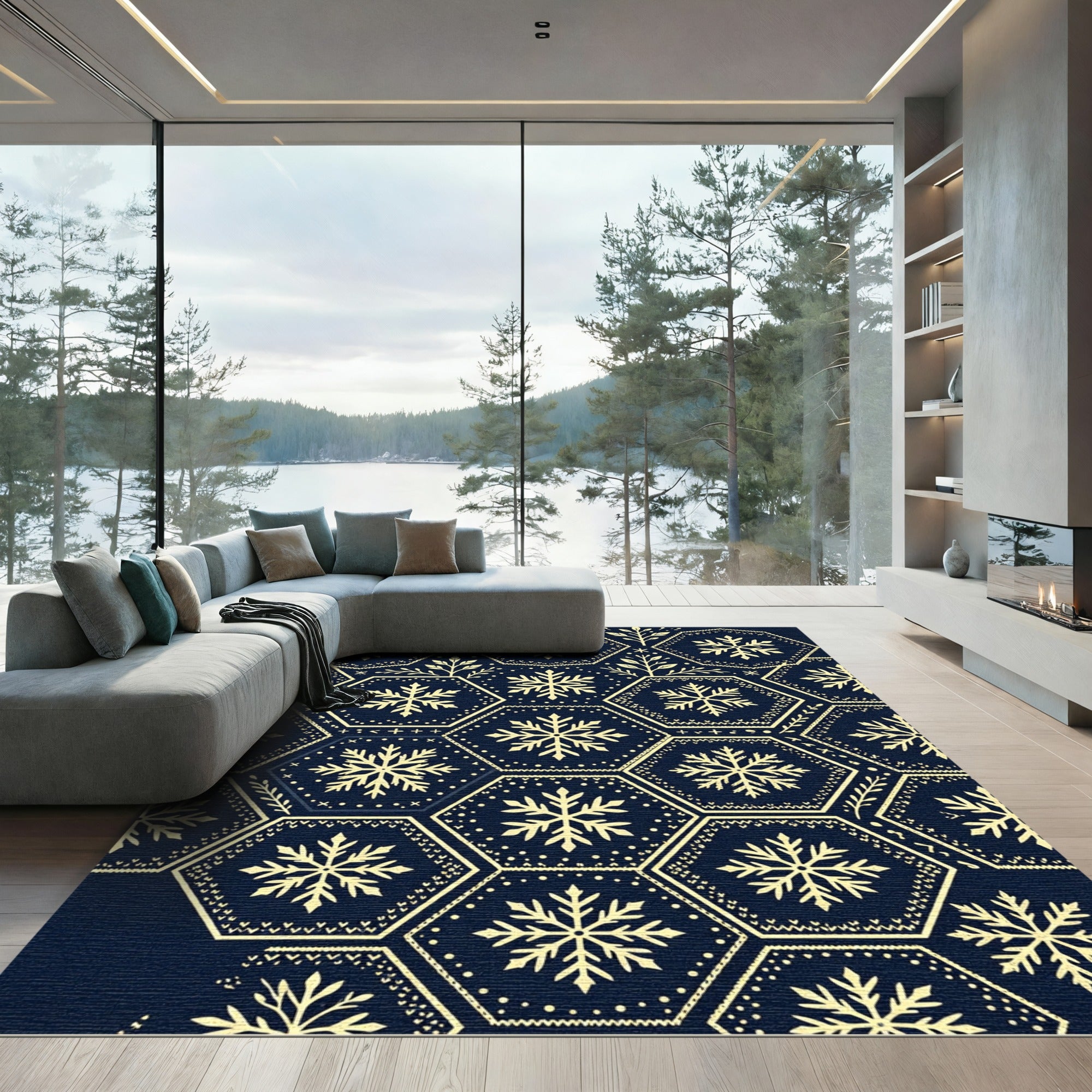 Navy Blue Geometric Snowflake Hexagon Rug