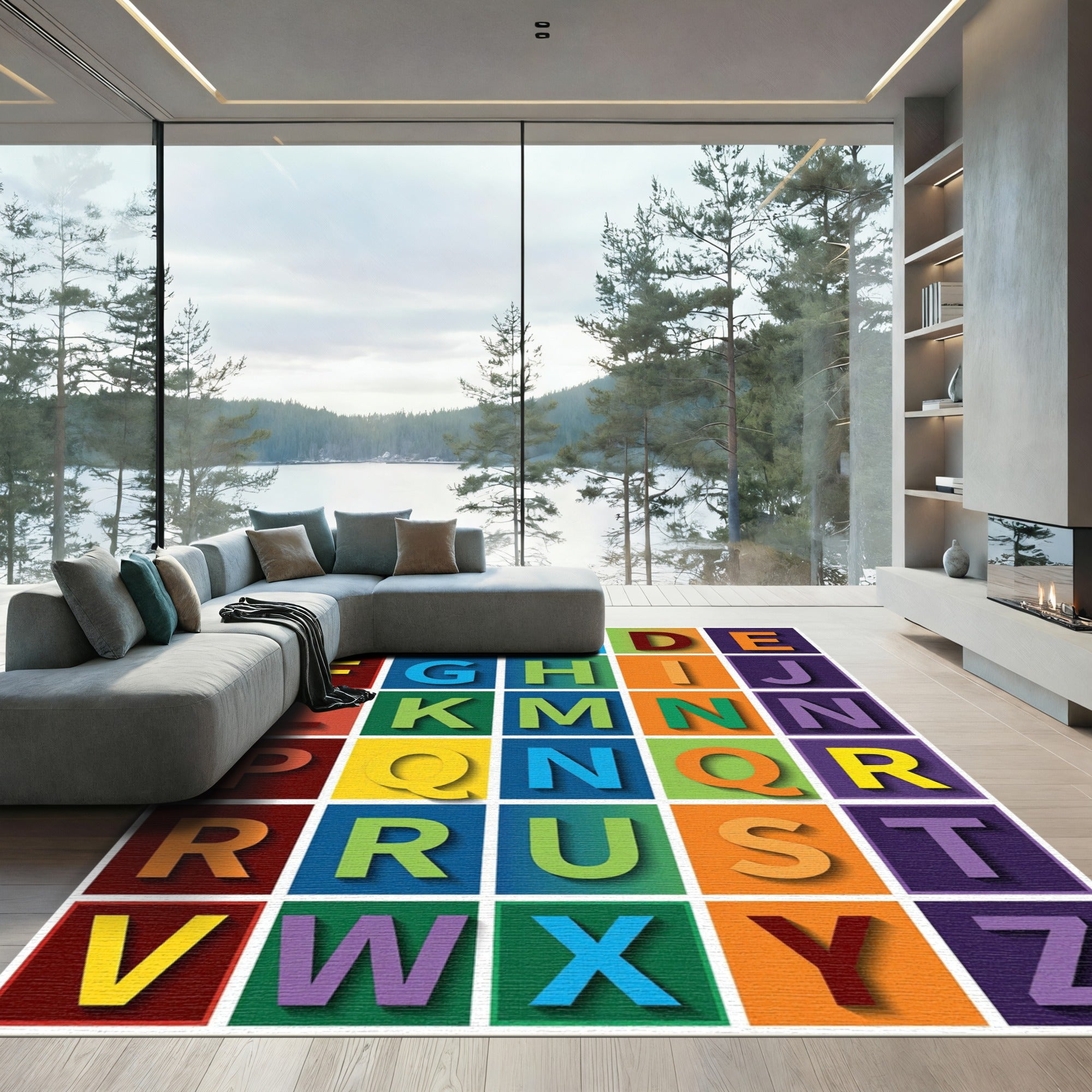 Vibrant Multicolored Alphabet Grid Block Rug