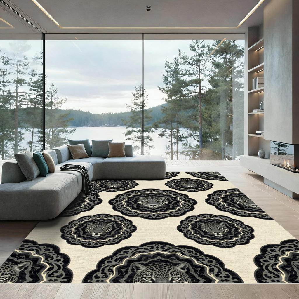 Elegant Black Leopard Medallion Monochromatic Rug