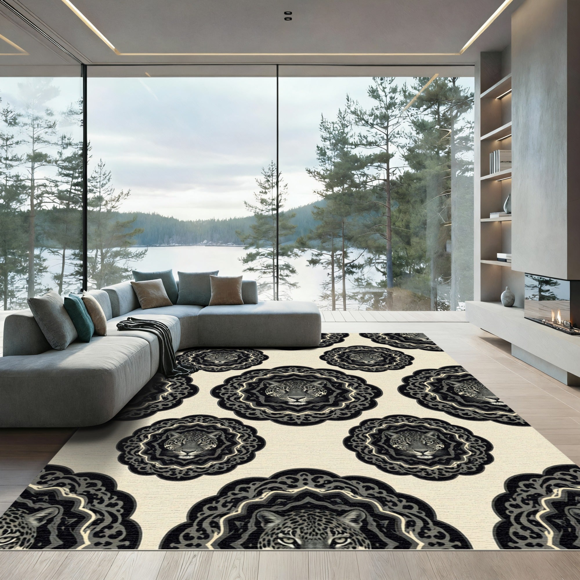 Elegant Black Leopard Medallion Monochromatic Rug