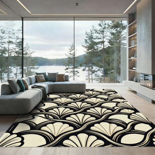 Art Deco Fan Cream Black Wave Rug