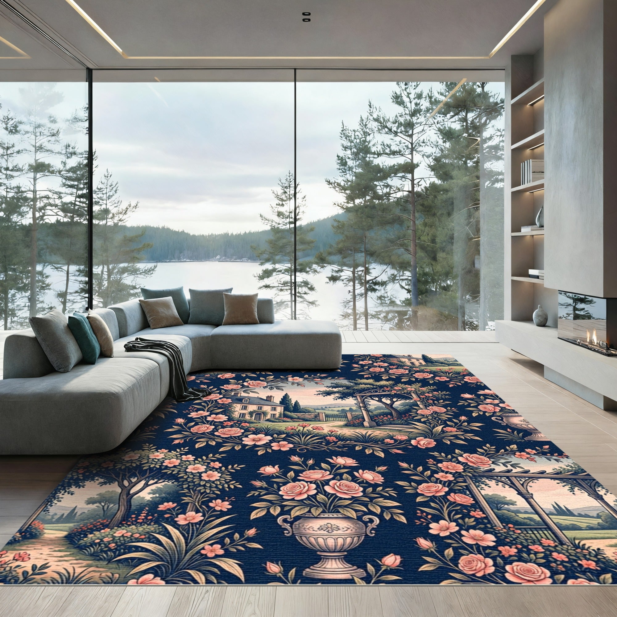 Romantic Navy Rose Garden Landscape Rug