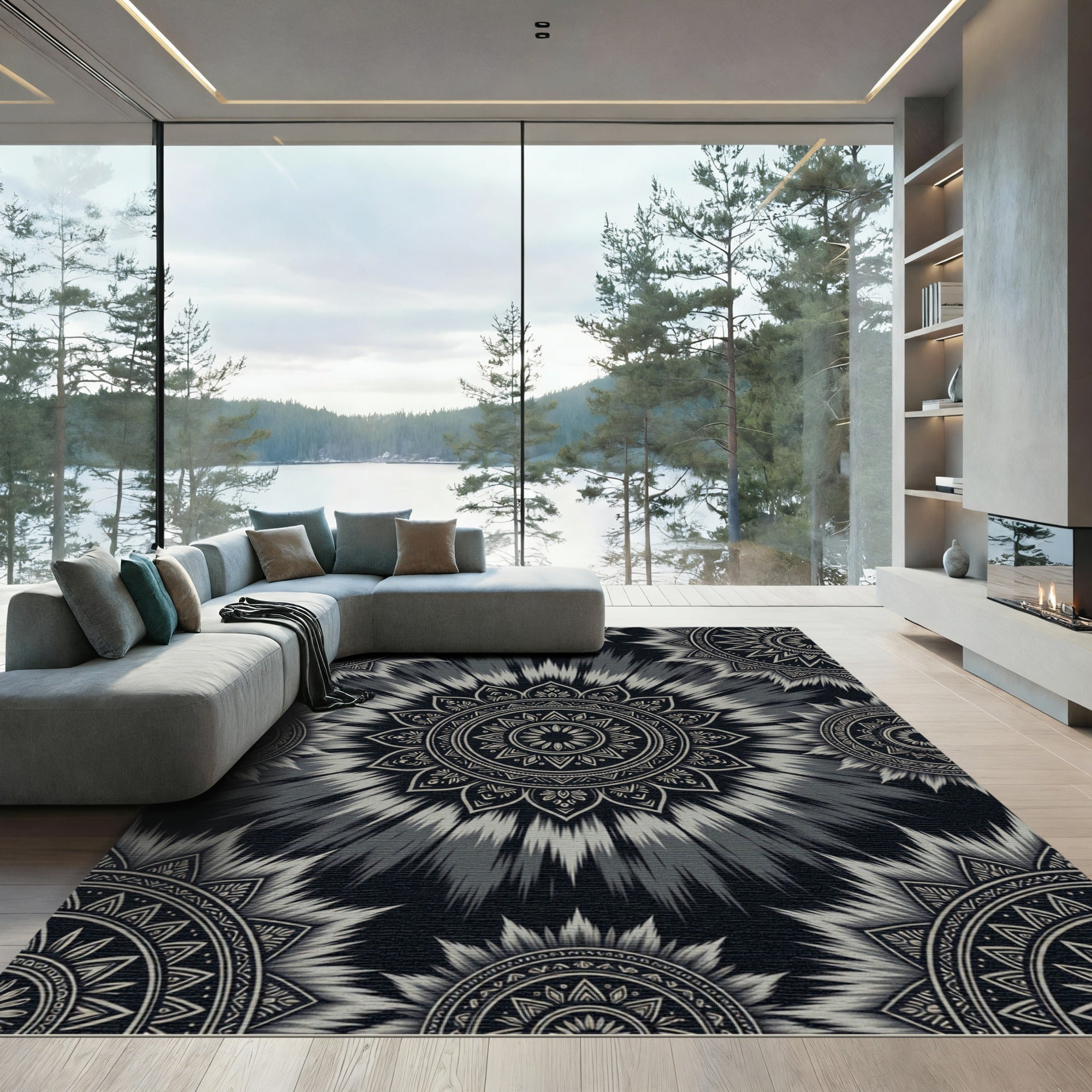 Monochromatic Floral Burst Mandala Rug