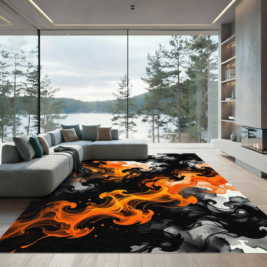Vibrant Orange and Black Abstract Smoke Rug