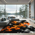 Vibrant Orange and Black Abstract Smoke Rug