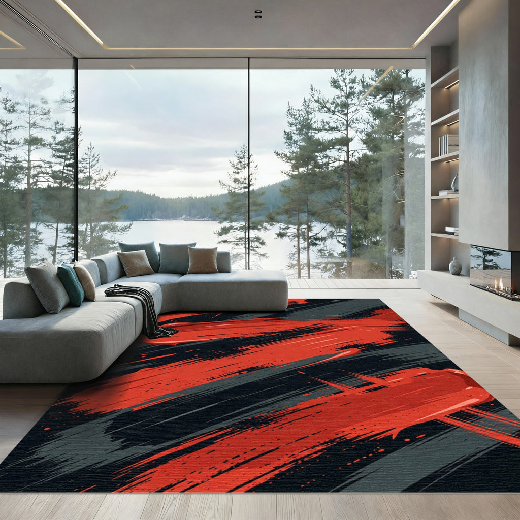 Bold Red Abstract Brush Stroke Rug