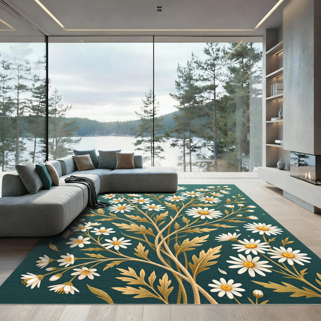 Elegant White Daisy Golden Botanical Teal Rug