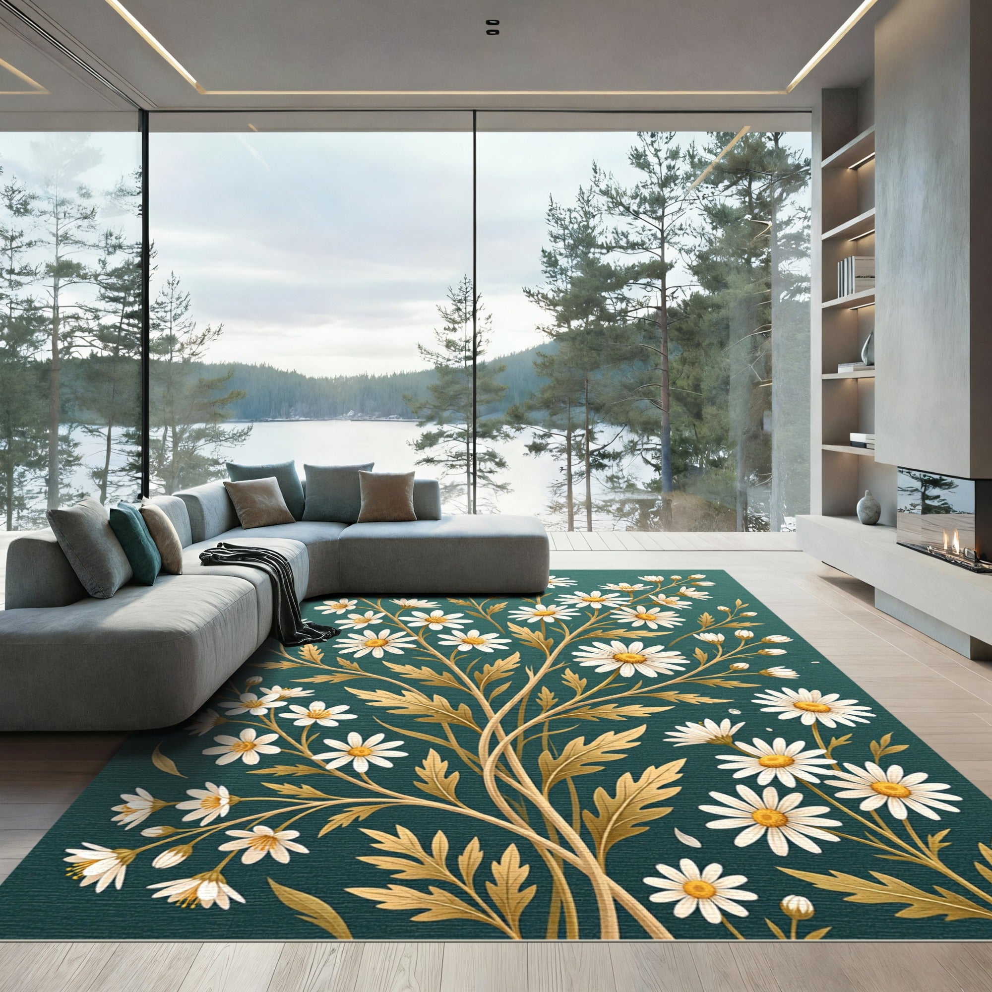 Elegant White Daisy Golden Botanical Teal Rug