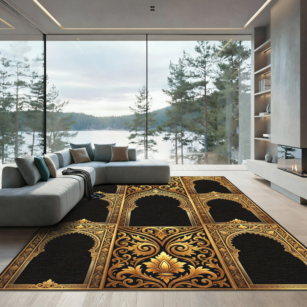 Ornate Golden Arabesque Archway Frame Rug