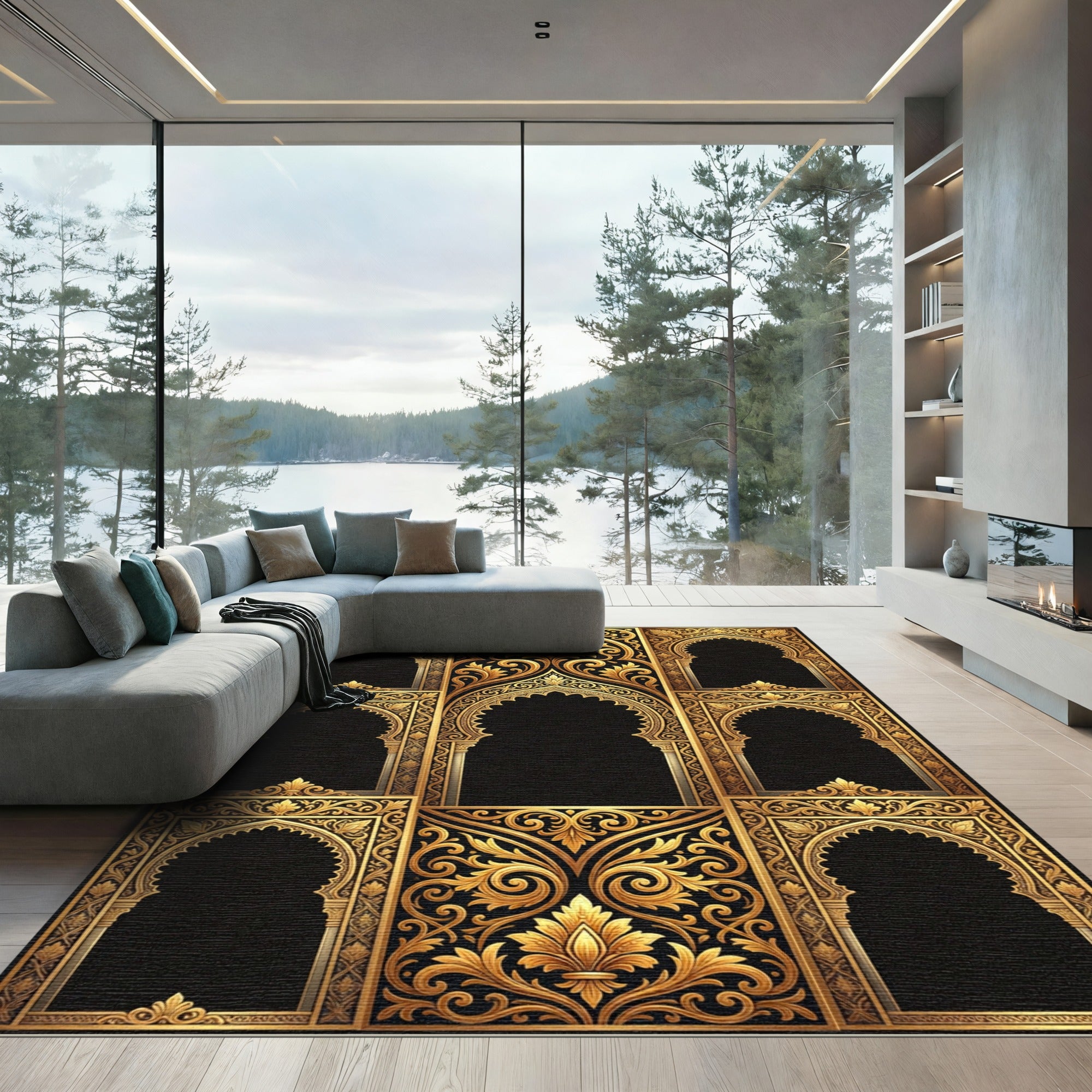 Ornate Golden Arabesque Archway Frame Rug