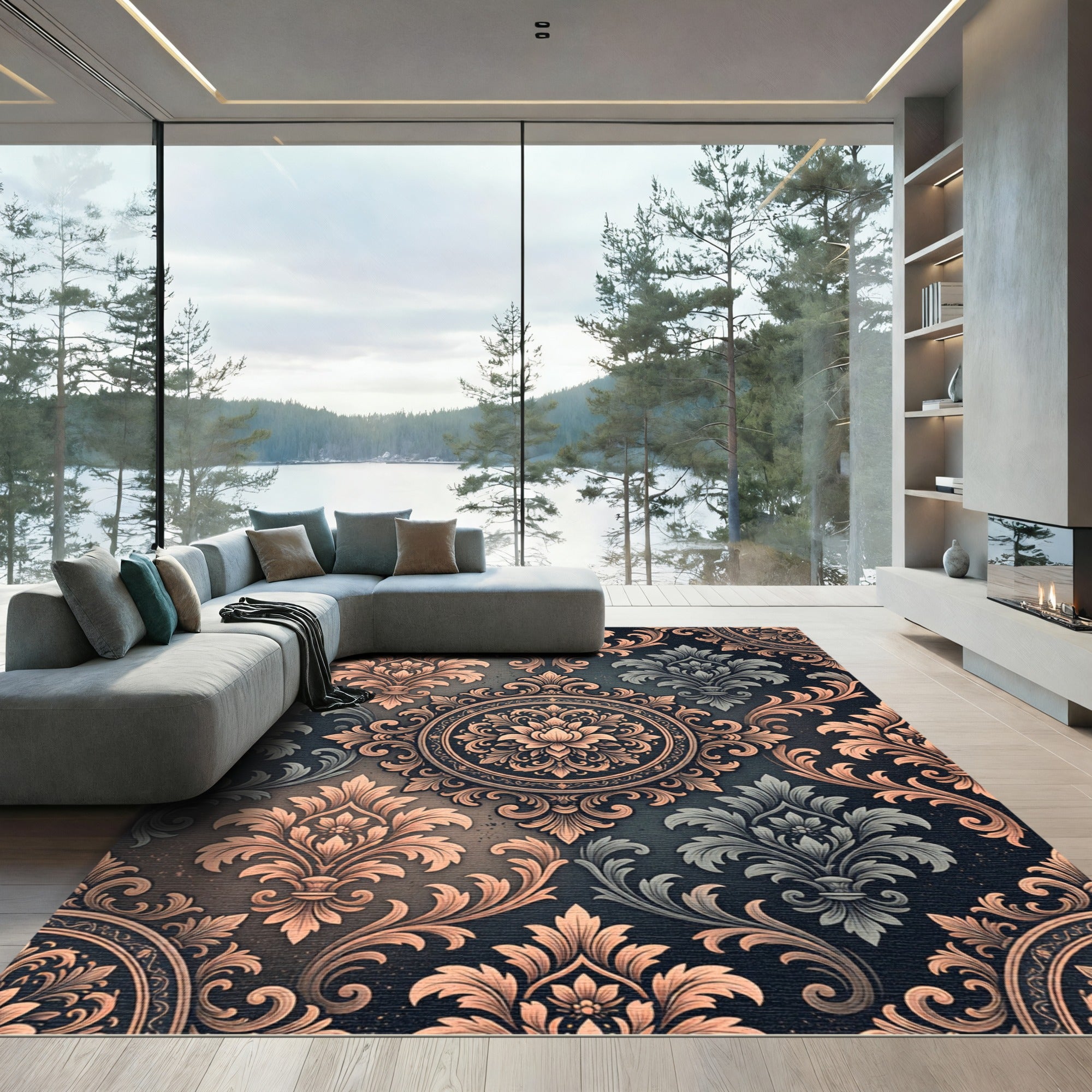 Ornate Scrollwork Medallion Black Rose Rug