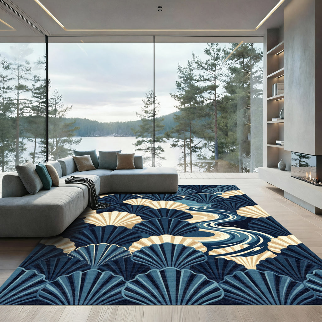 Art Deco Navy Cream Scallop Shell Rug