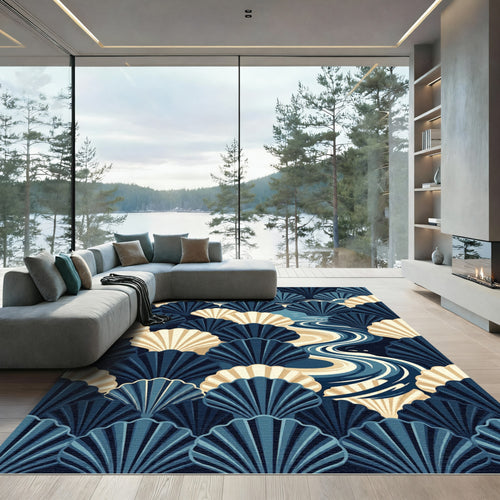 Art Deco Navy Cream Scallop Shell Rug