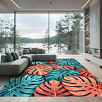 Bold Coral Teal Tropical Monstera Leaves Rug