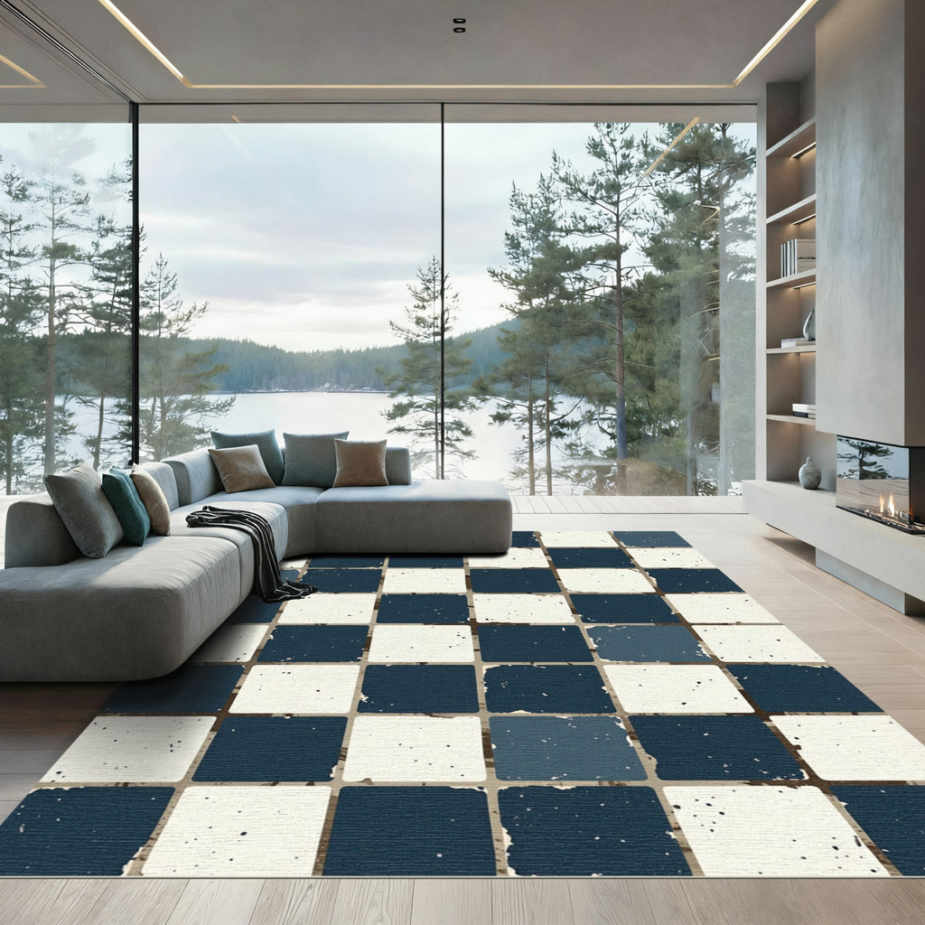 Distressed Navy White Checkerboard Squares Rug