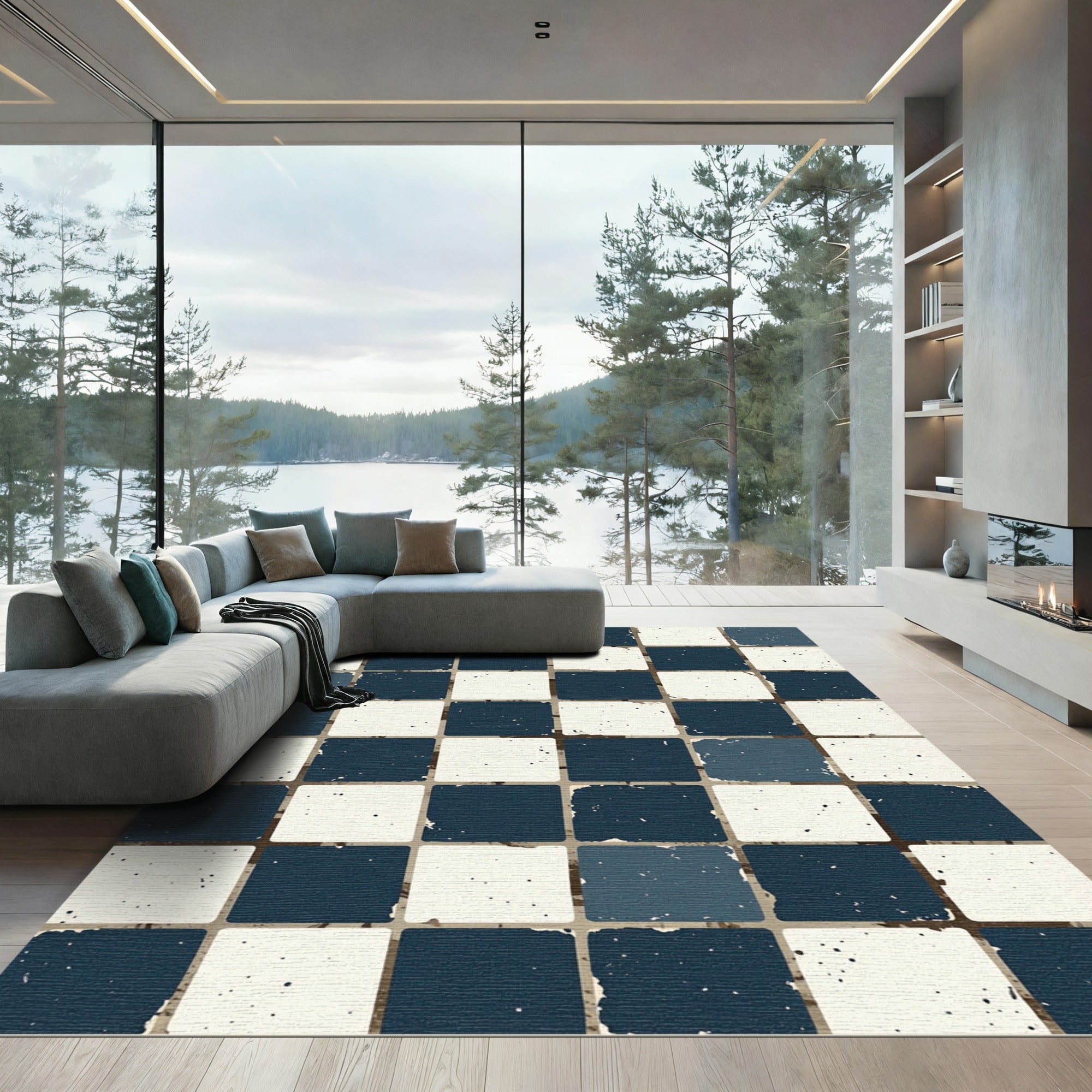 Distressed Navy White Checkerboard Squares Rug