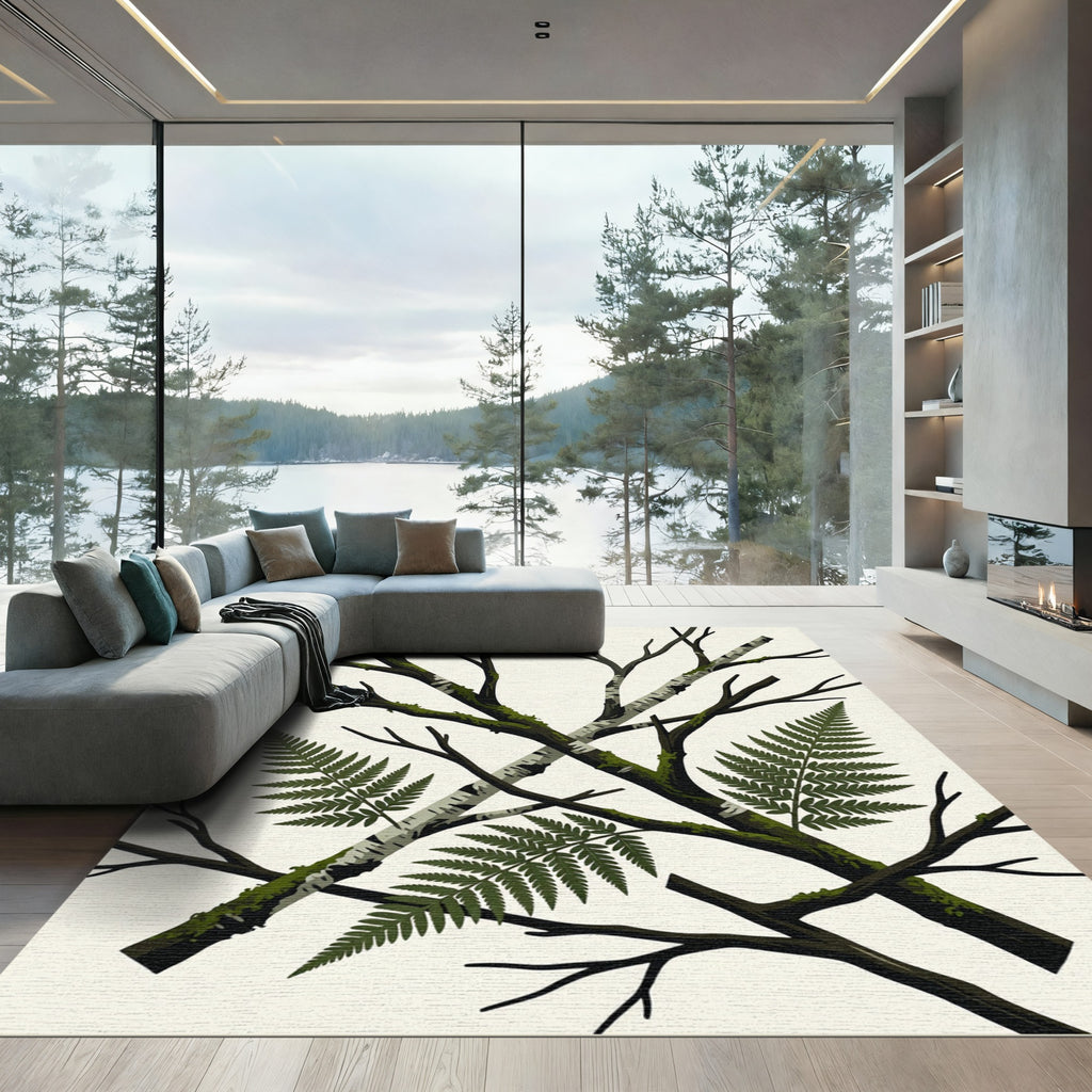 Crossed Birch Branches Fern Botanical Art Rug