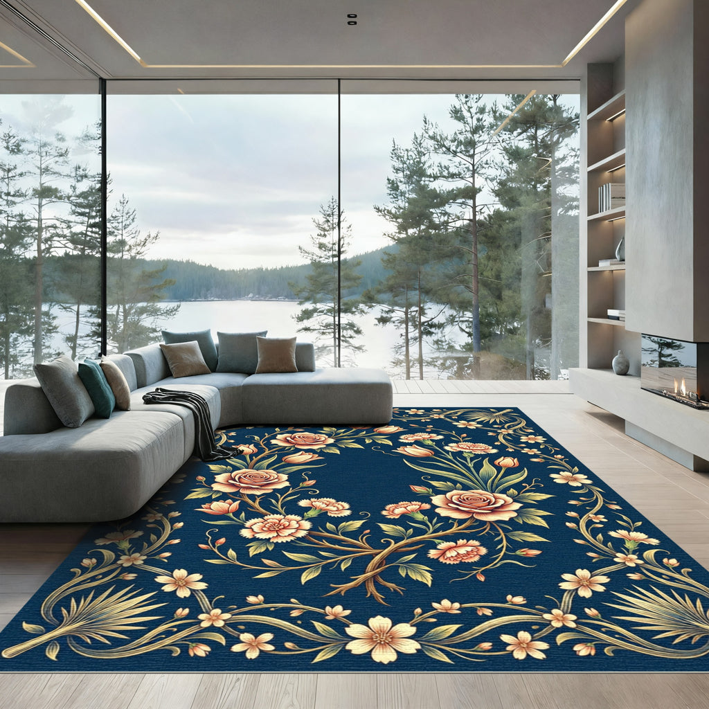 Navy Floral Bouquet with Golden Vines Rug