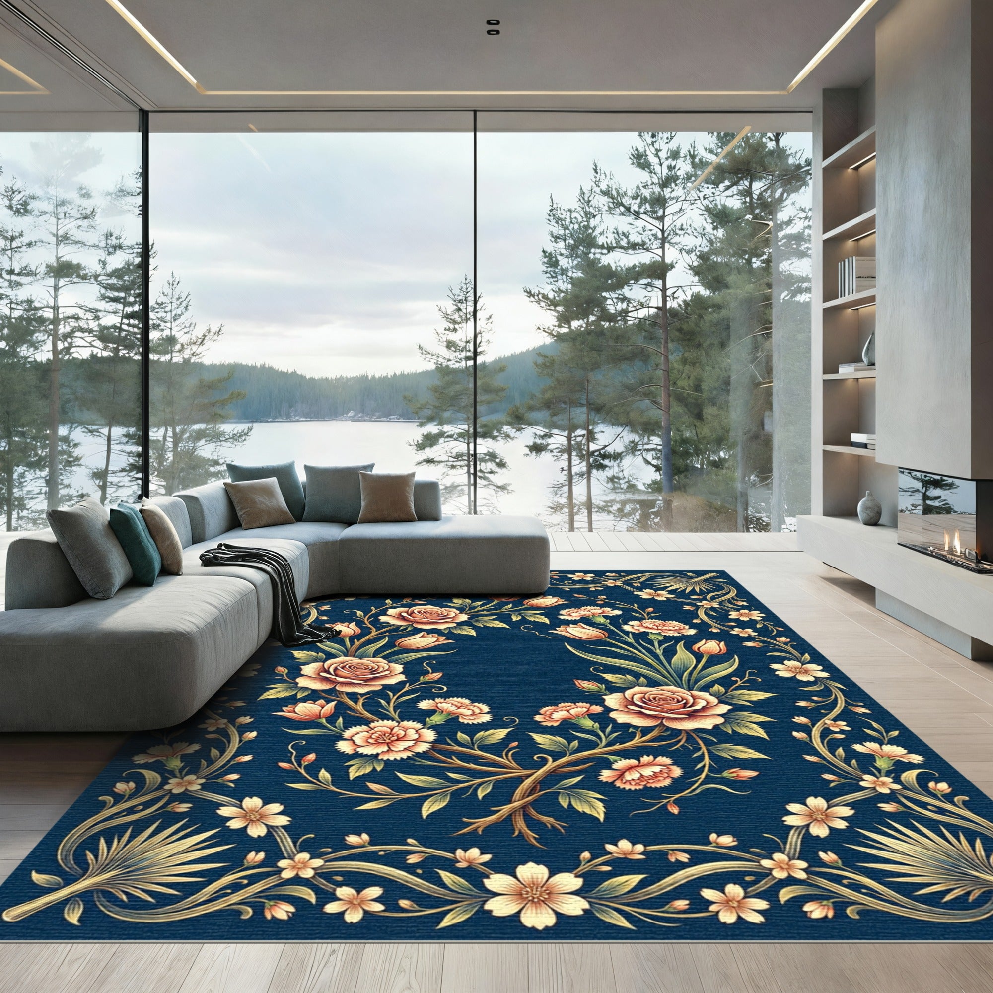 Navy Floral Bouquet with Golden Vines Rug