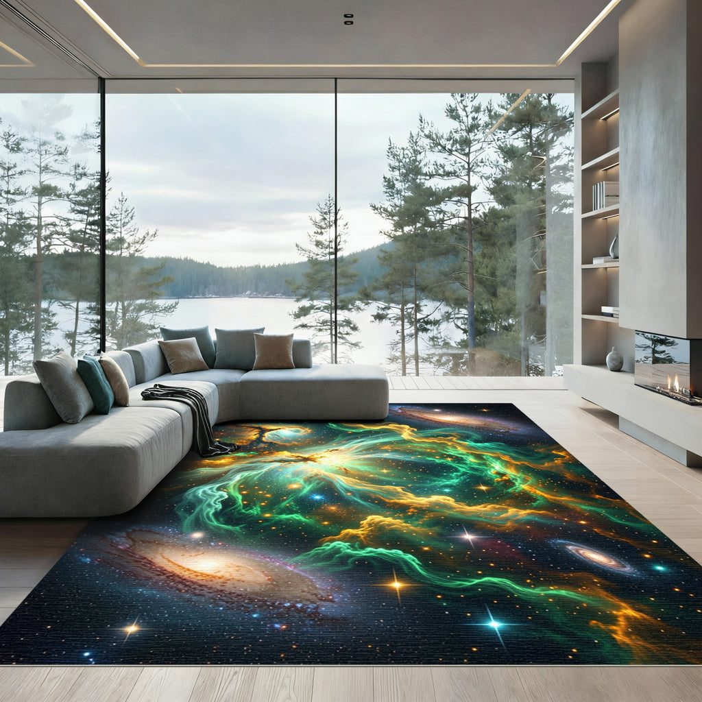 Stellar Nebula Swirl Gold Green Galaxy Rug