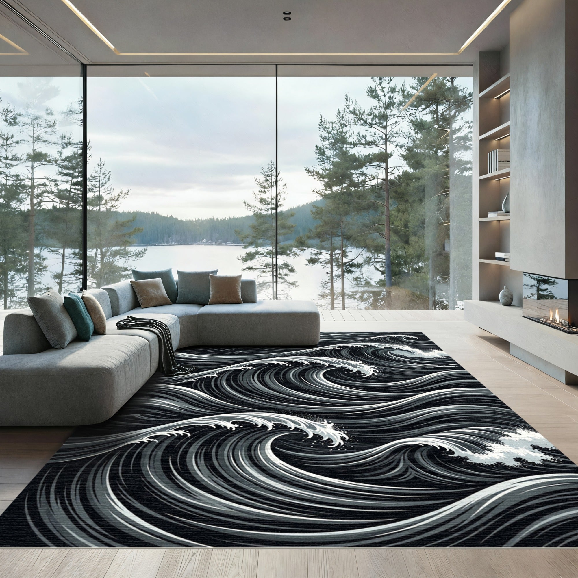 Monochromatic Black White Rolling Waves Rug