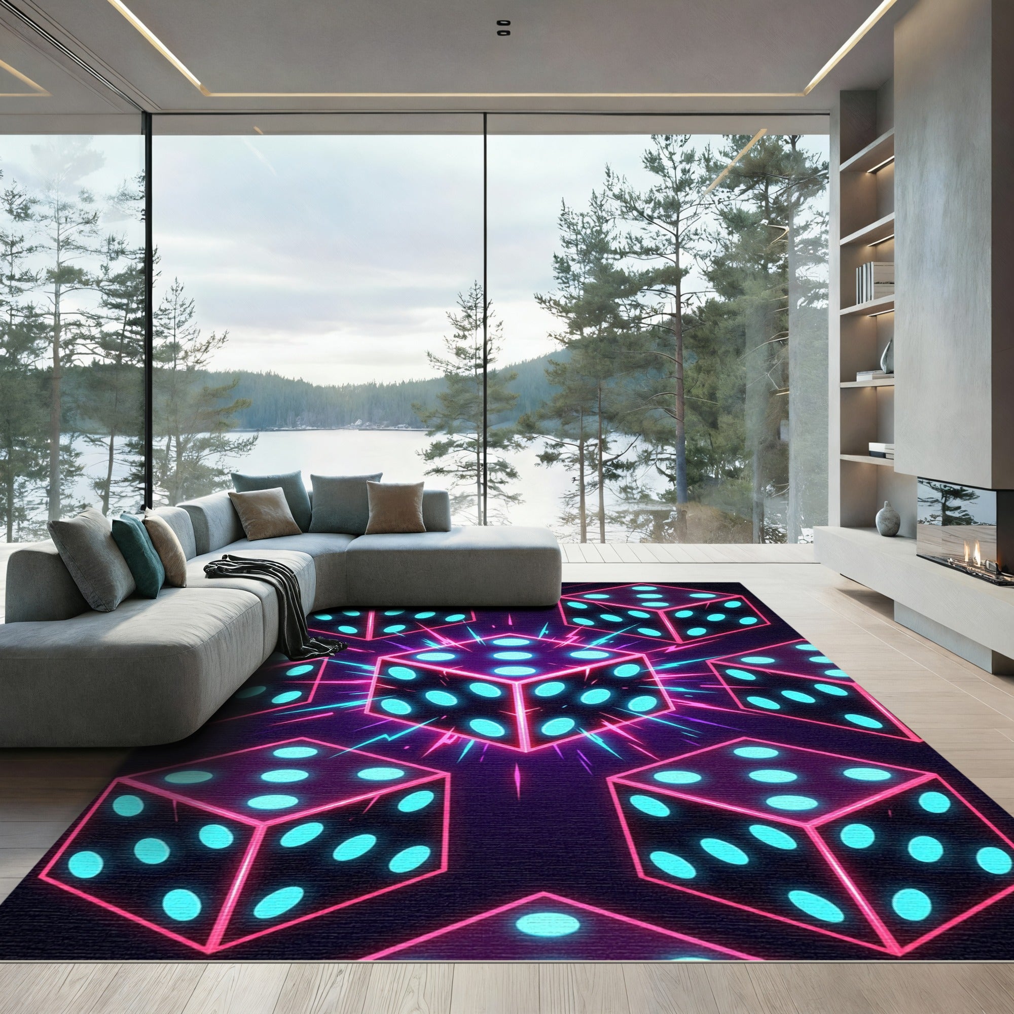 Neon Cube Glow Geometric Dice Art Rug