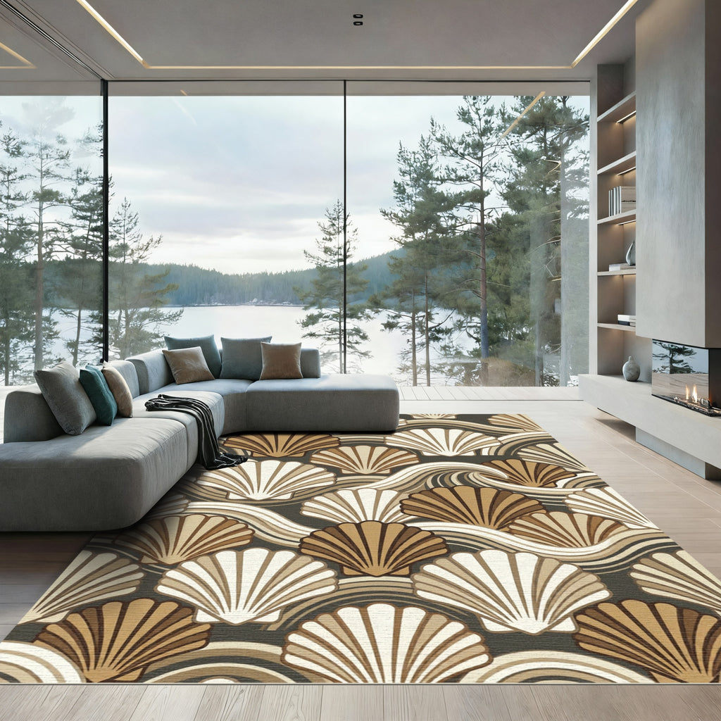 Neutral Earth Tone Scallop Shell Wavy Rug