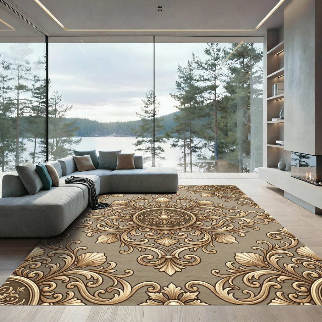 Ornate Gold Scrollwork Medallion Rug