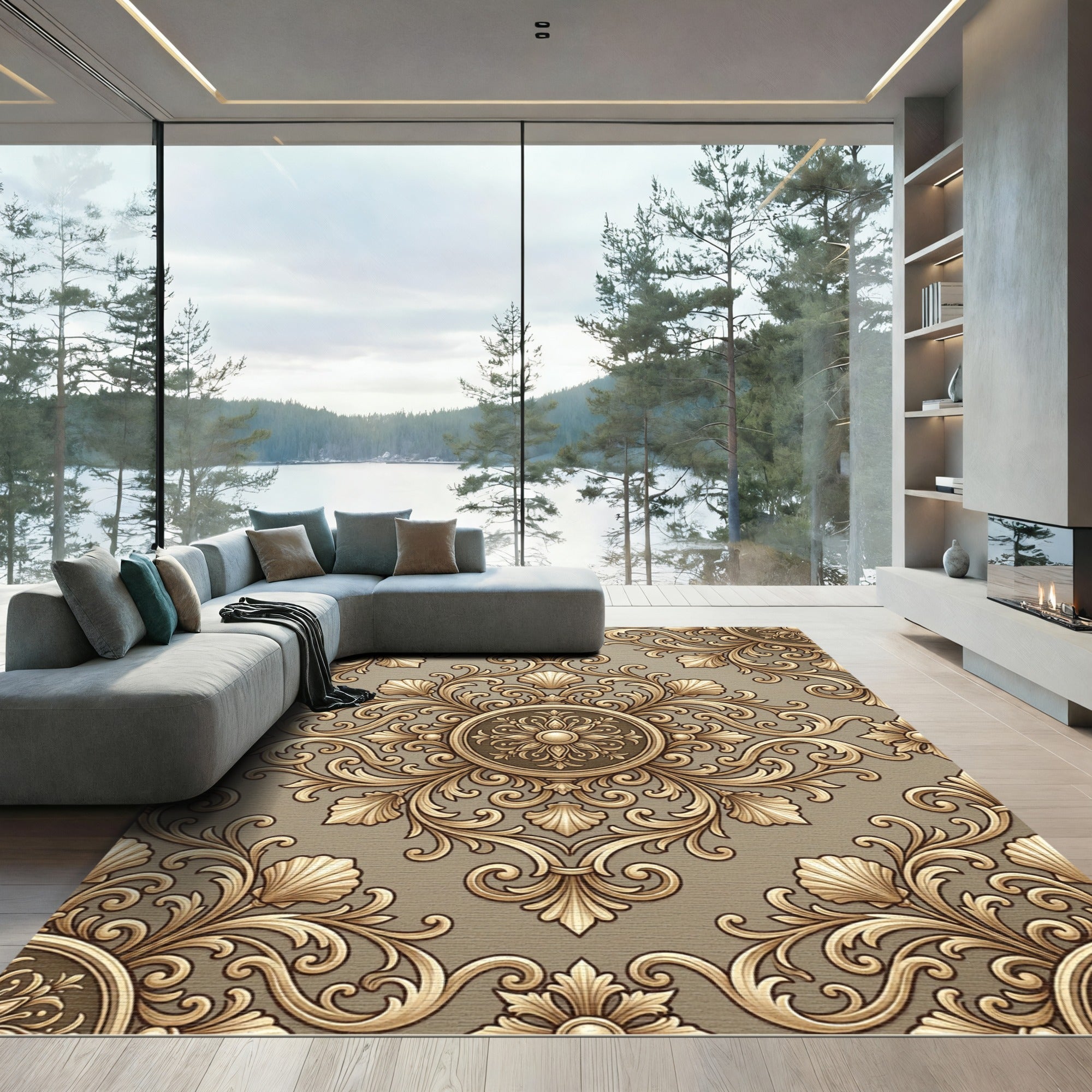 Ornate Gold Scrollwork Medallion Rug