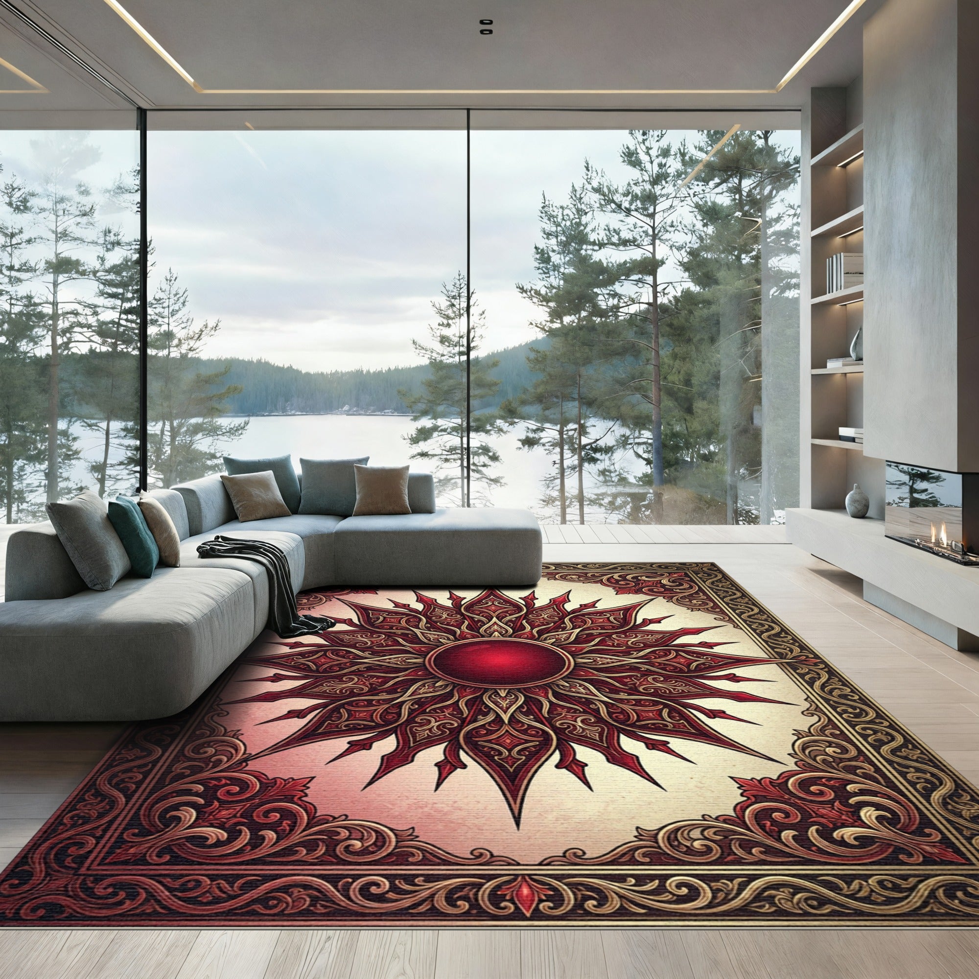 Elegant Crimson Ornate Sunburst Medallion Rug