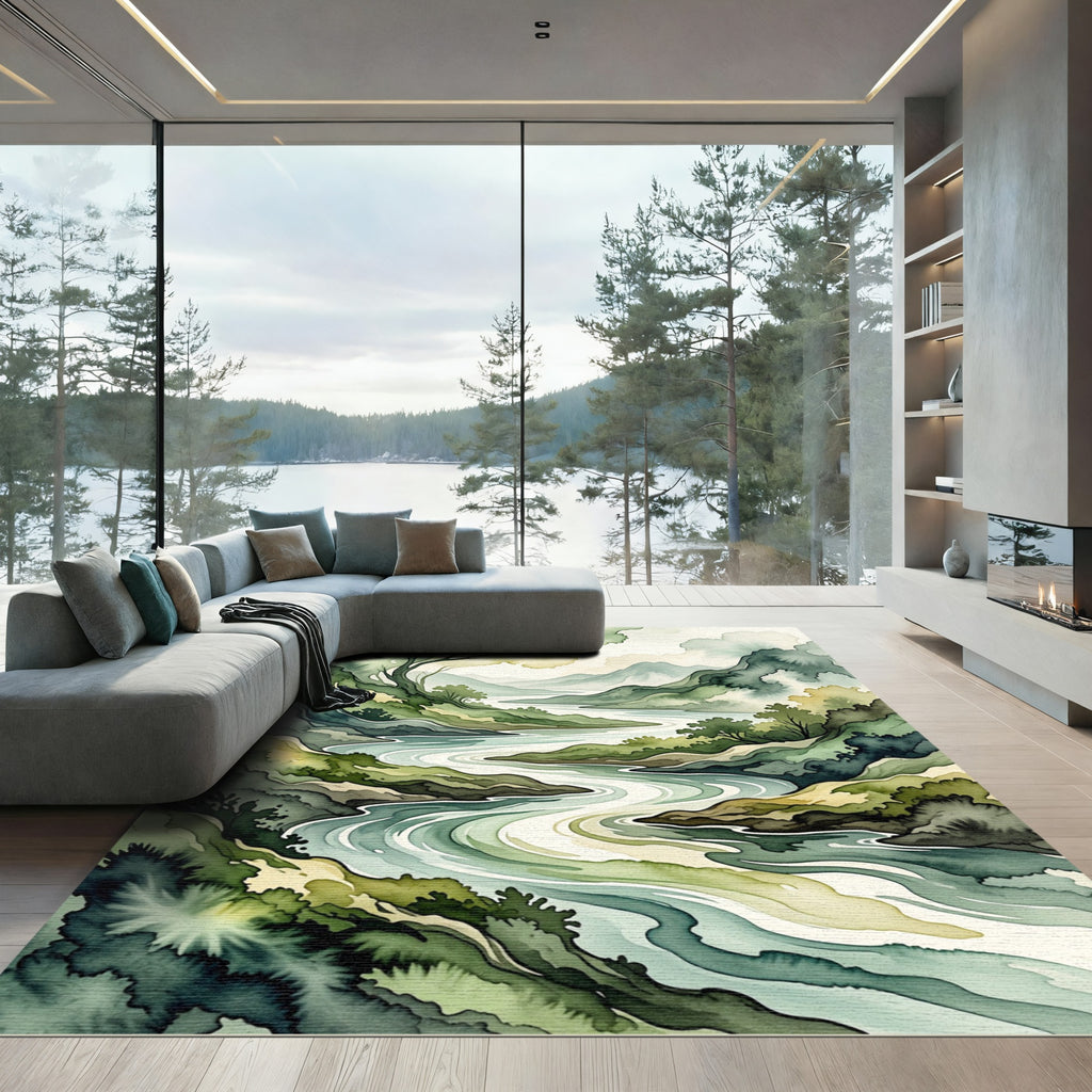Serene Green Watercolor Landscape River Rug