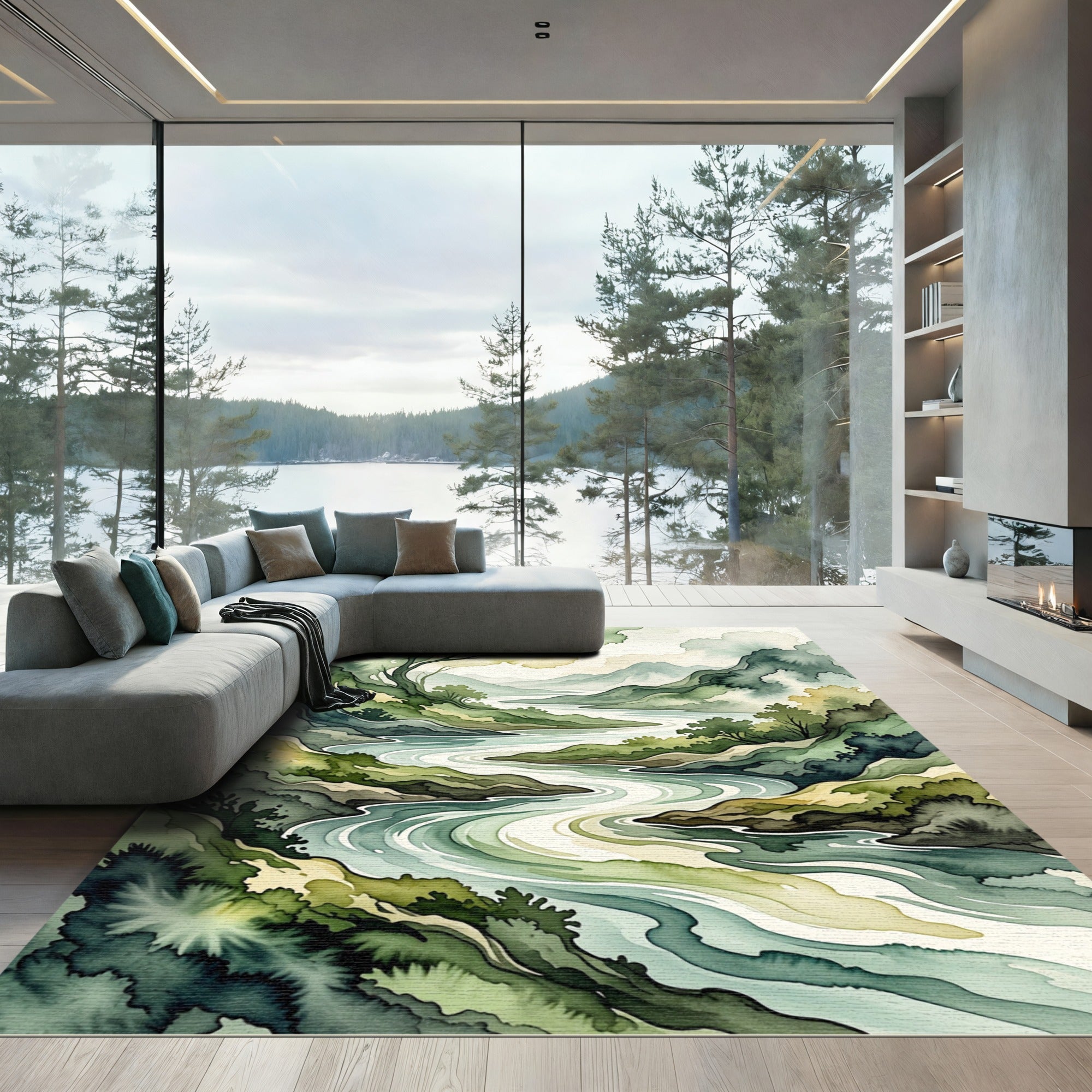 Serene Green Watercolor Landscape River Rug