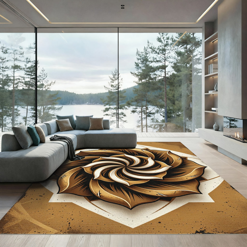 Earthy Bronze Spiral Swirl Floral Art Rug