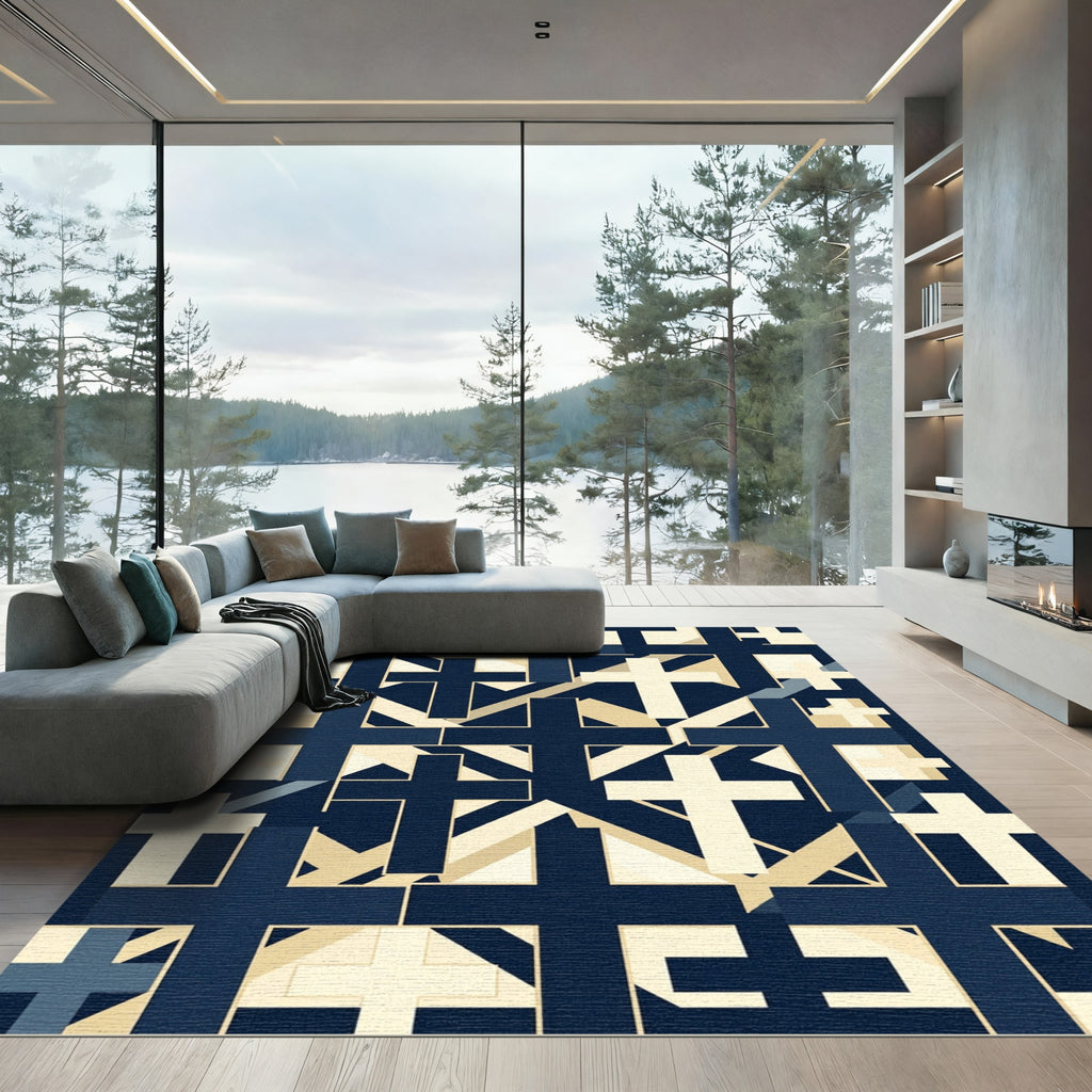Navy Blue Geometric Cross Grid Rug