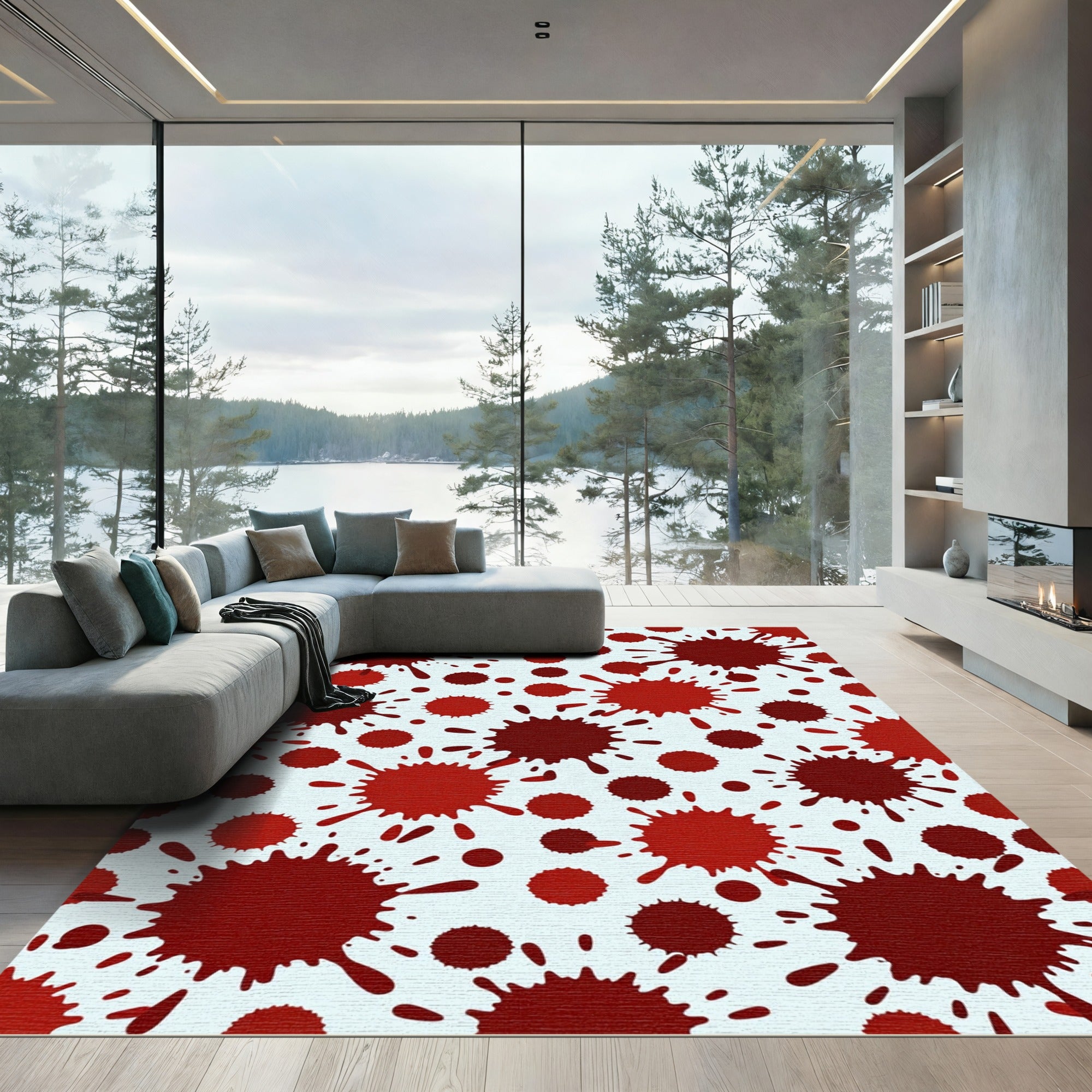 Crimson Splatter Abstract Collage Rug